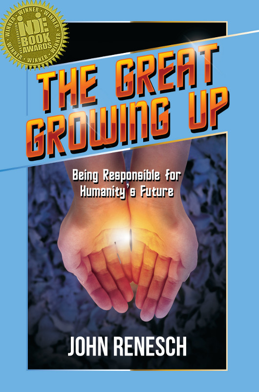 Human hands holding light. Book cover for The Great Growing Up by John Renesch